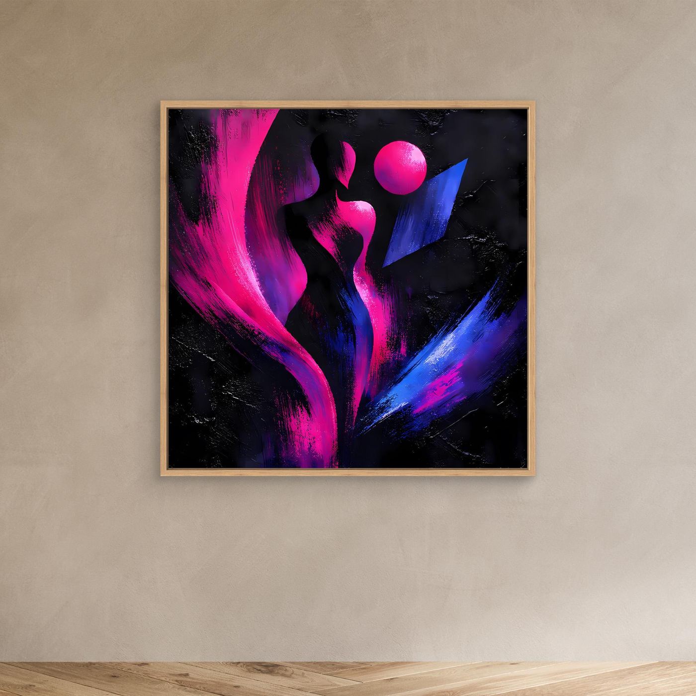 Leinwandbild mit abstrakter Silhouette, Neonpink und Blau, goldbrauner Holzrahmen