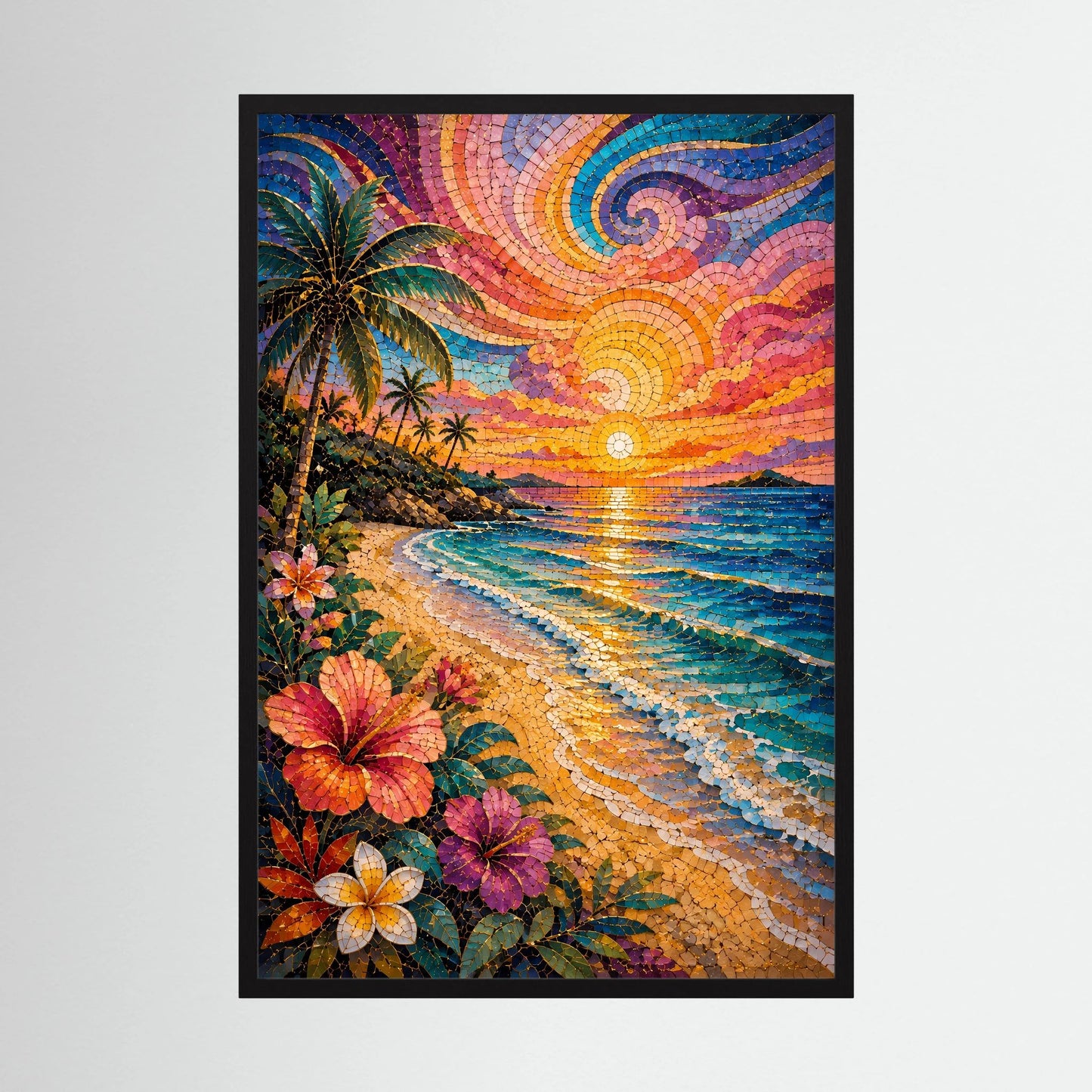 Tropischer Strand im Sonnenuntergang | Farbenfrohes Mosaik mit Palmen & Hibiskus | Poster Hochformat