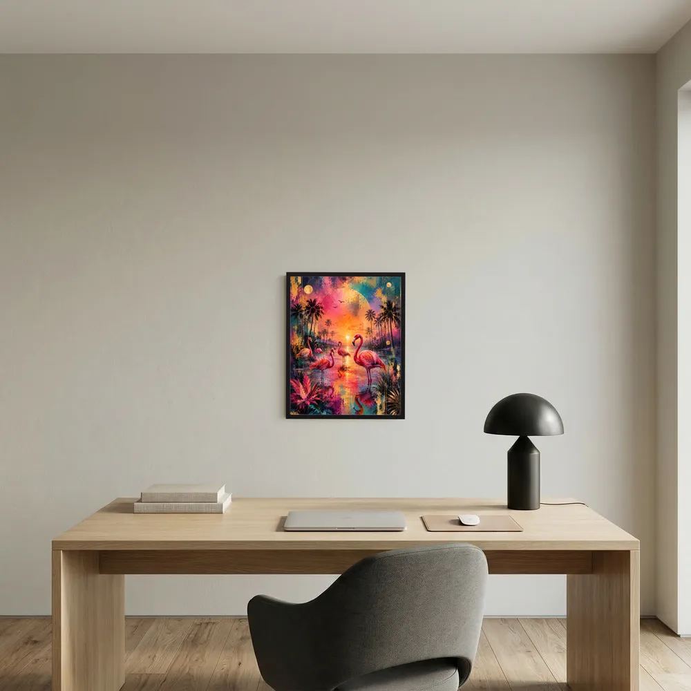 Gerahmtes Poster mit Flamingos im tropischen Sonnenuntergang, farbenfrohes Kunstbild