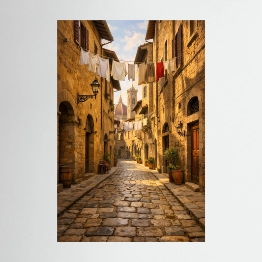 Hochformatiges Poster mit enger Altstadtgasse, gelben Häusern und Wäsche zwischen Balkonen