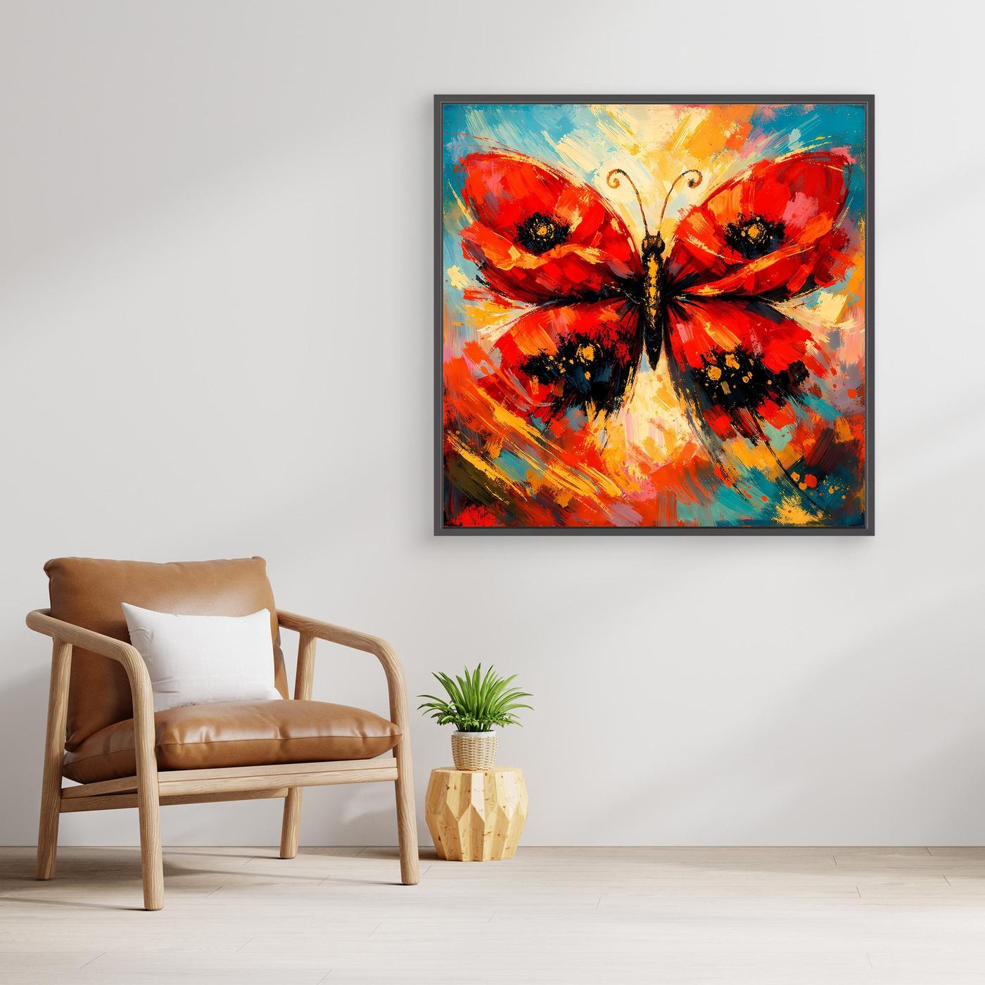 Gerahmtes Leinwandbild mit abstraktem Schmetterling in Rot, Schwarz und Türkis
