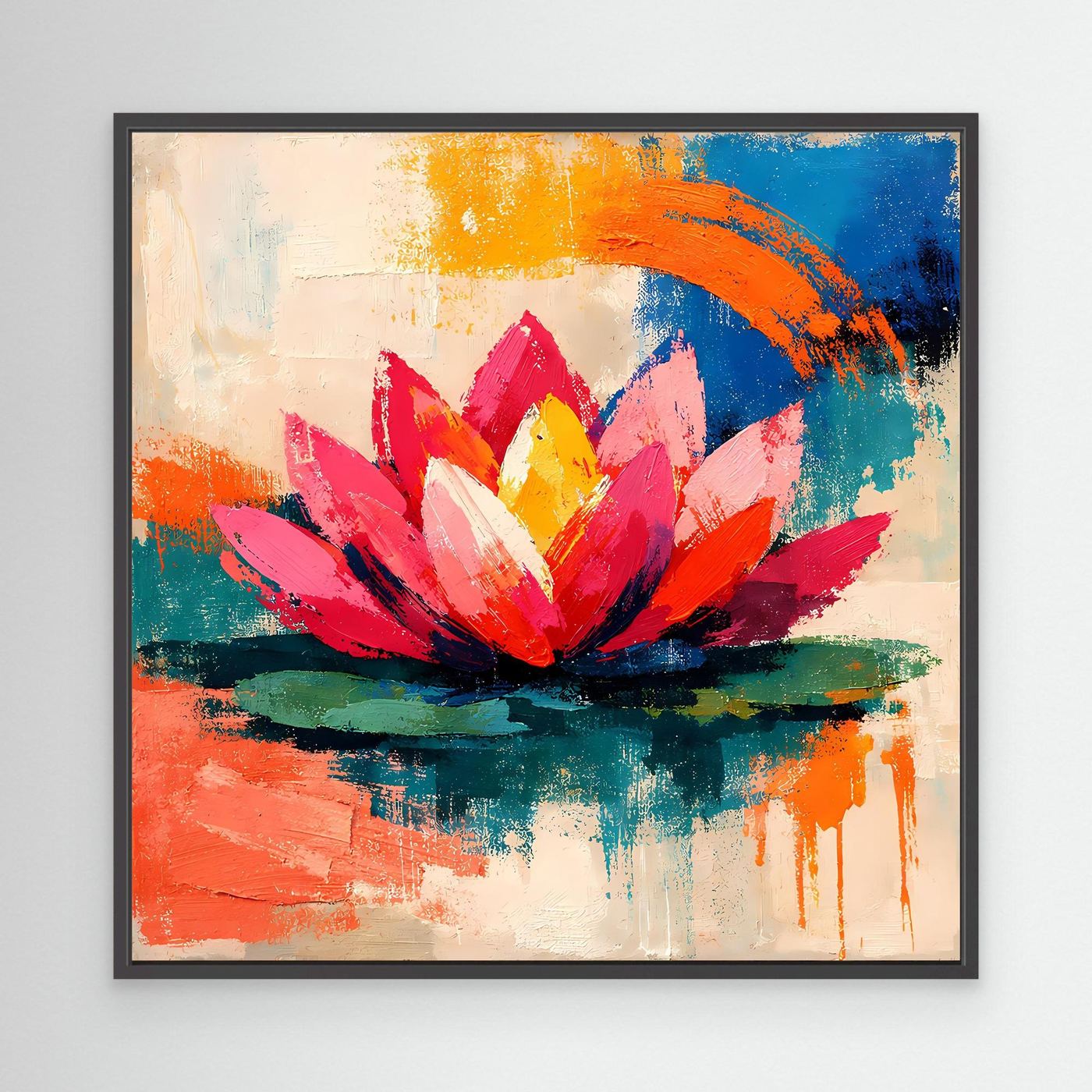 Black-framed abstract lotus painting with pink petals, yellow center, and blue-orange strokes.