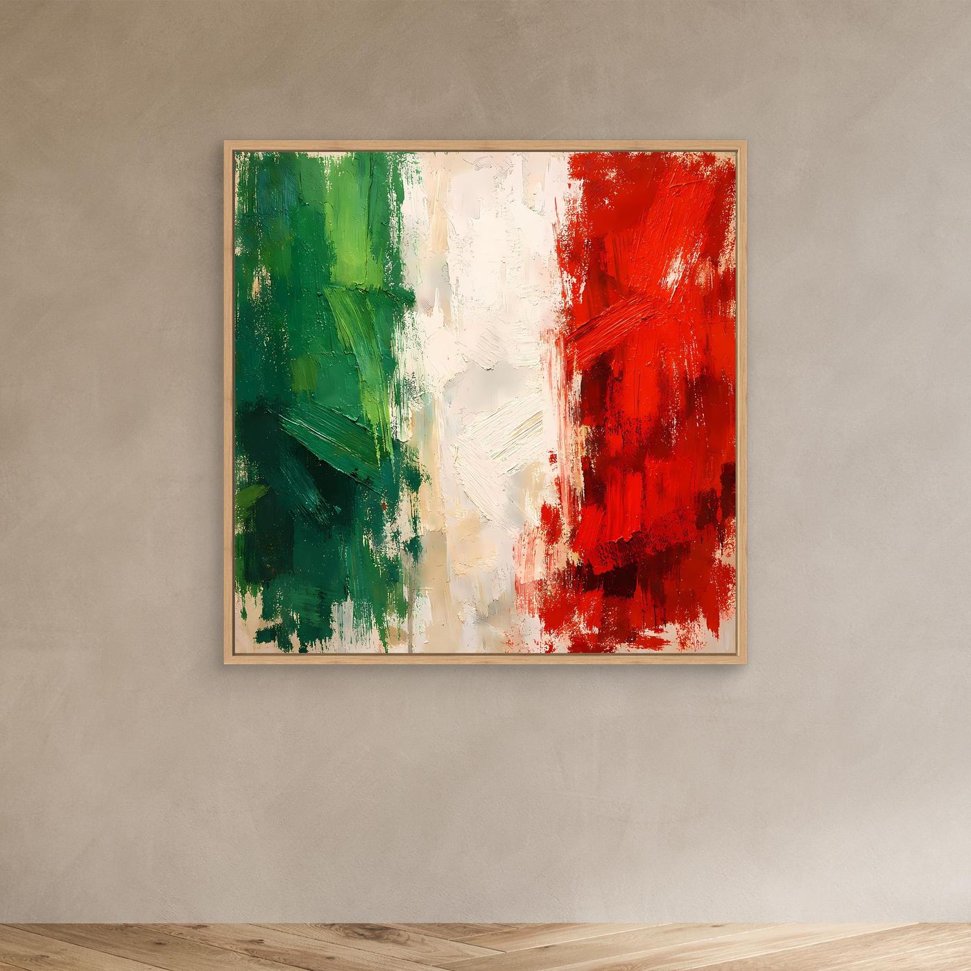 Abstract wall canvas print with green, white, and red brushstroke flag in oak frame