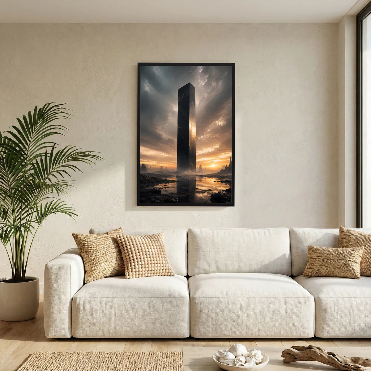 Wandposter im Hochformat mit schwarzem Monolithen im Sonnenlicht, schwarz gerahmt