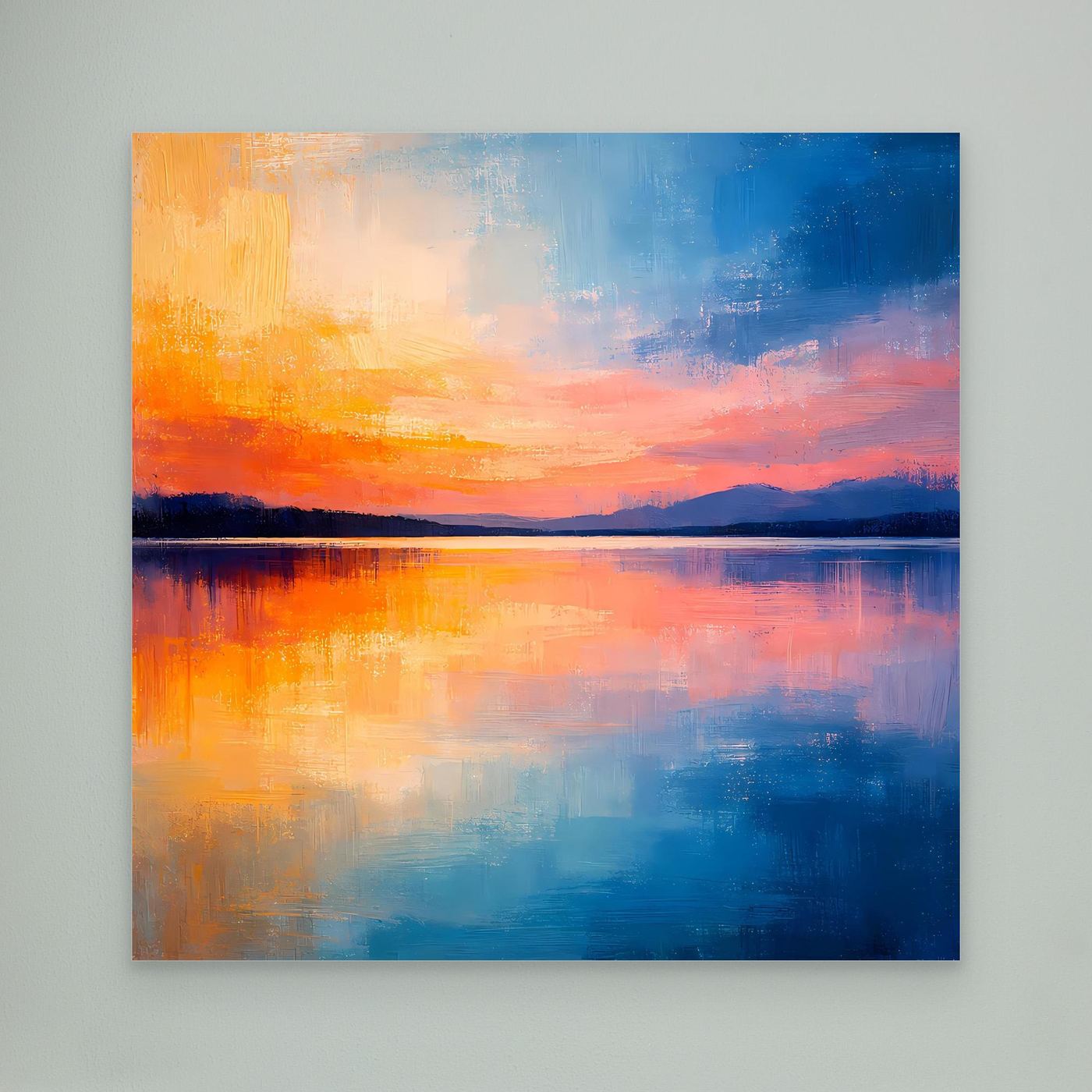 Abstraktes Wandbild auf Leinwand mit See-Spiegelung in Blau, Orange und Rosa