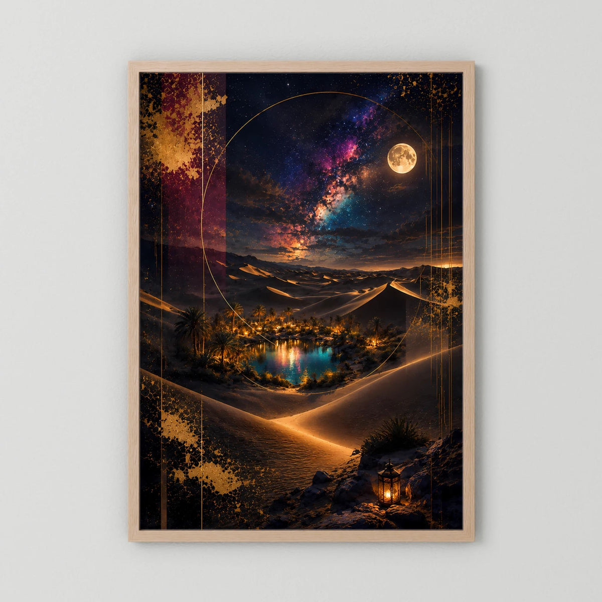 Hochformat-Poster mit hellem Holzrahmen: Vollmond über Wüstenoase, goldenes Licht