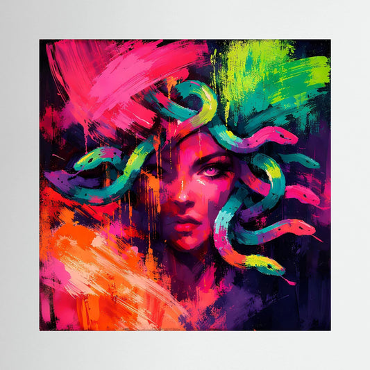 Neonfarbenes abstraktes Medusa-Leinwandbild mit Frauengesicht und Schlangen um den Kopf