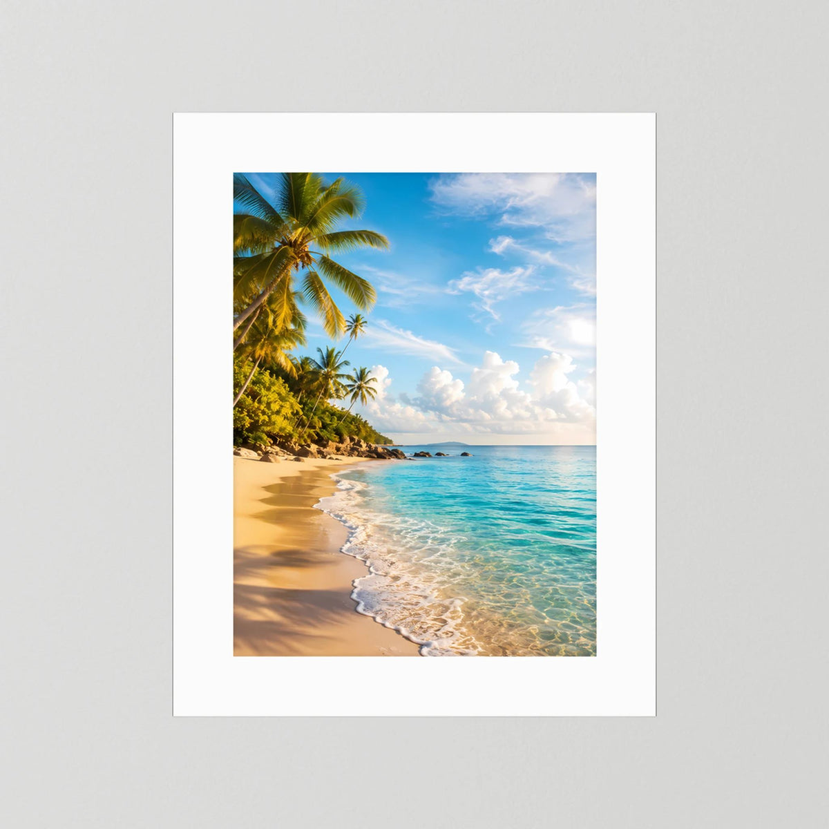 Hochformat-Poster im weißen Passepartout: Palmenstrand mit türkisblauem Meer und goldener Sand