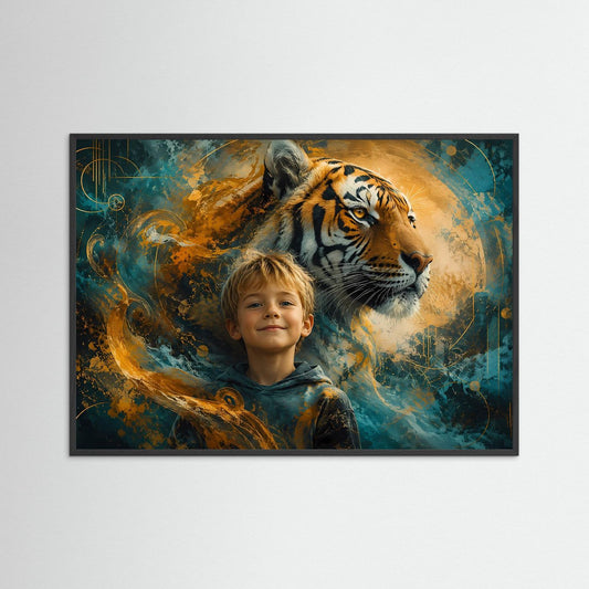 Querformat-Poster mit Junge und Tiger in Türkis und Gold, schwarzer Rahmen