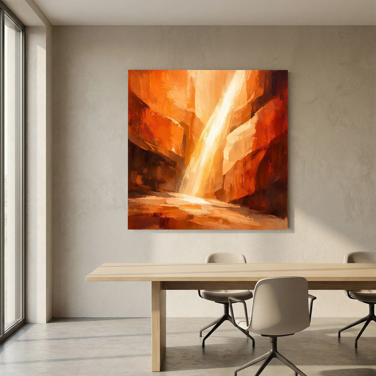 Abstraktes Leinwand-Wandbild mit orange-roten Canyonwänden und hell leuchtendem Strahl