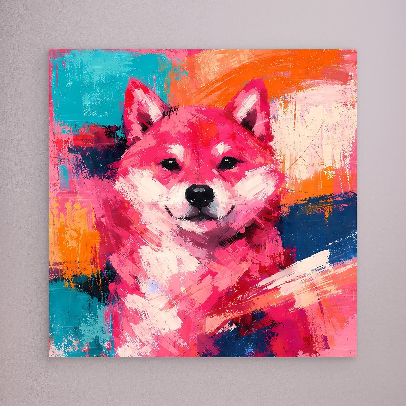 Farbenfrohes Shiba-Inu-Wandbild auf Leinwand ohne sichtbaren Rahmen