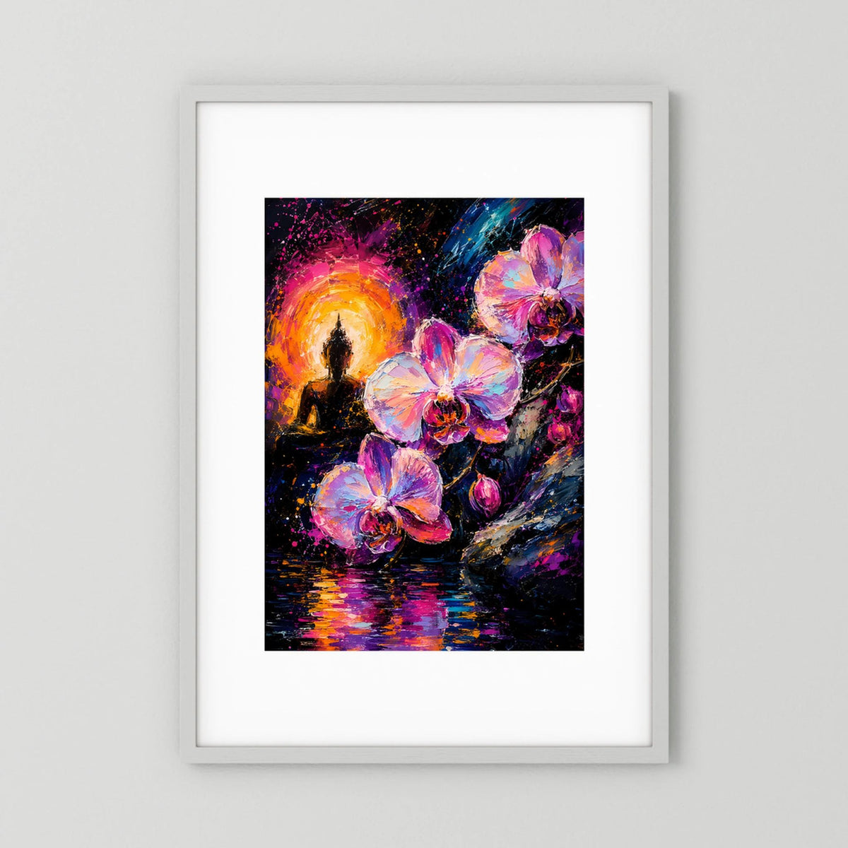 Neon-Kunstposter mit Buddha-Silhouette und Orchideen in Pink, Gold und Blau