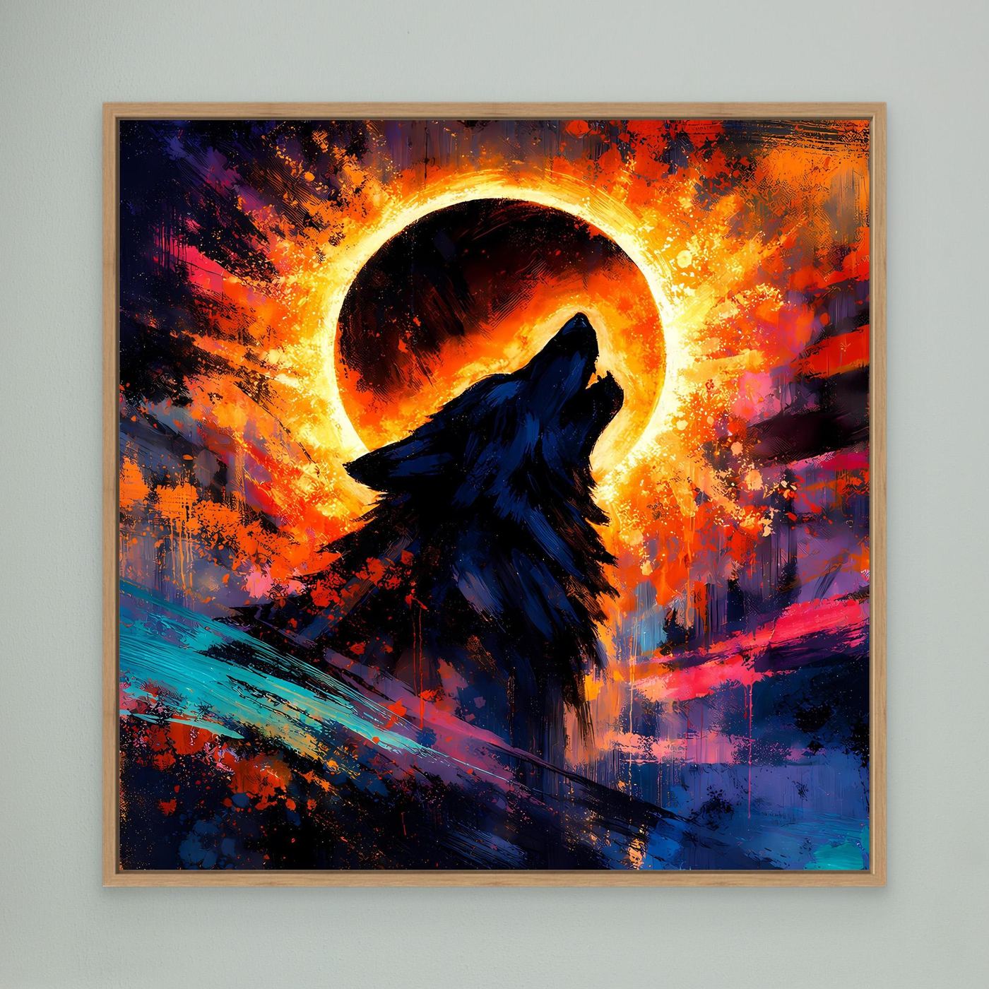 Gerahmtes Leinwand-Wandbild mit Eichenrahmen: heulender Wolf im Sonnenfinsternis-Ring