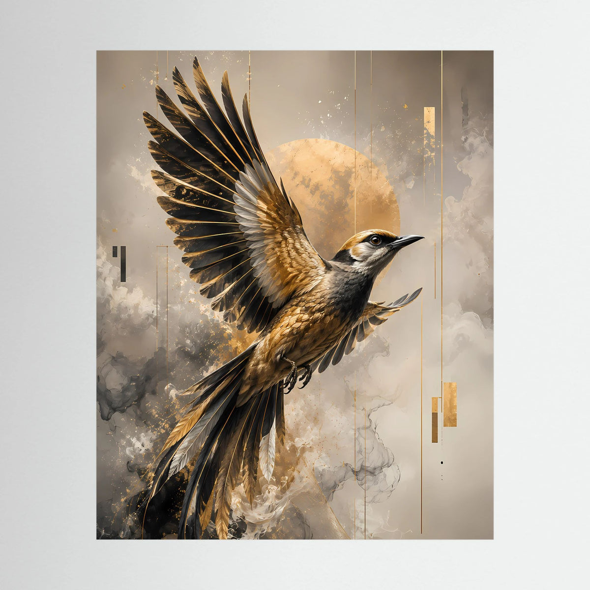 Hochkantiges Kunstposter mit aufschlagendem Vogel in Schwarz und Gold