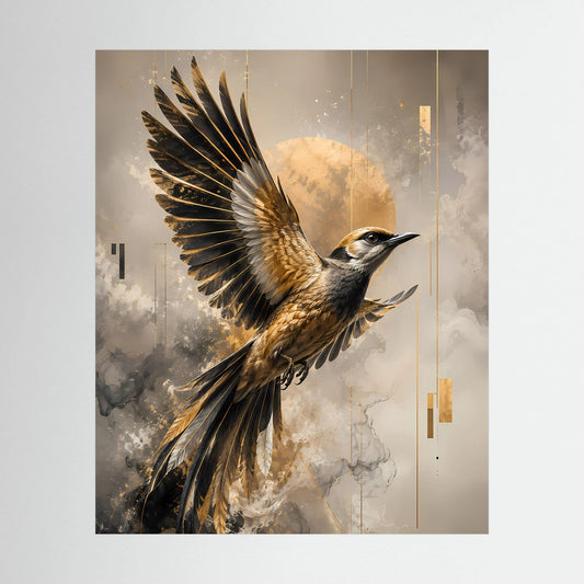 Hochkantiges Kunstposter mit aufschlagendem Vogel in Schwarz und Gold