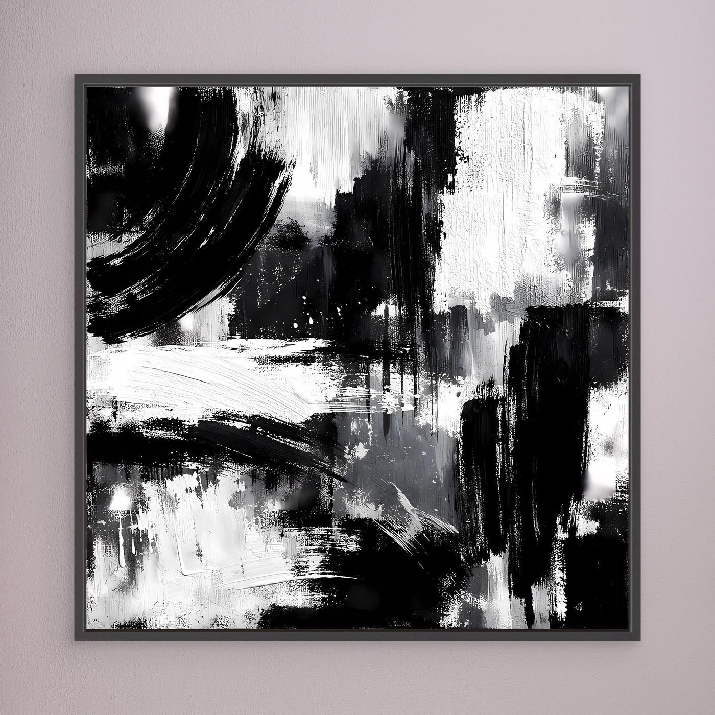 Framed abstract black-and-white canvas with layered brush marks and blocky texture