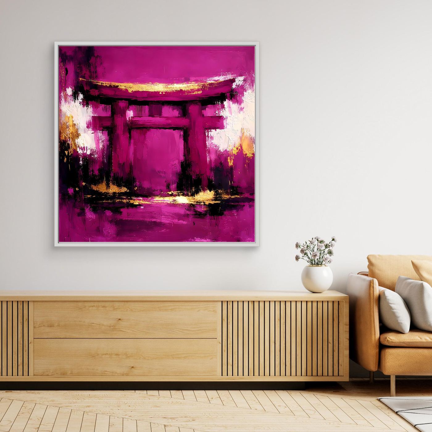Leinwand Mystisches Torii-Tor in Magenta | Abstraktes Japan Wandbild Moderne Kunst