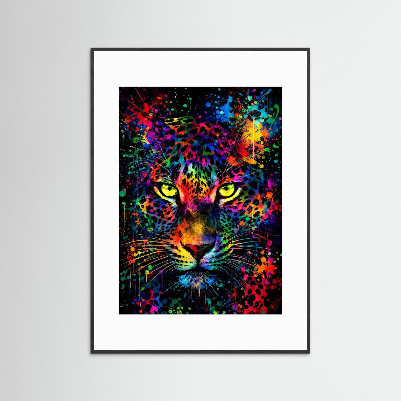 Leopardenkopf-Poster mit bunter Farbexplosion im rechteckigen Rahmen, schwarz