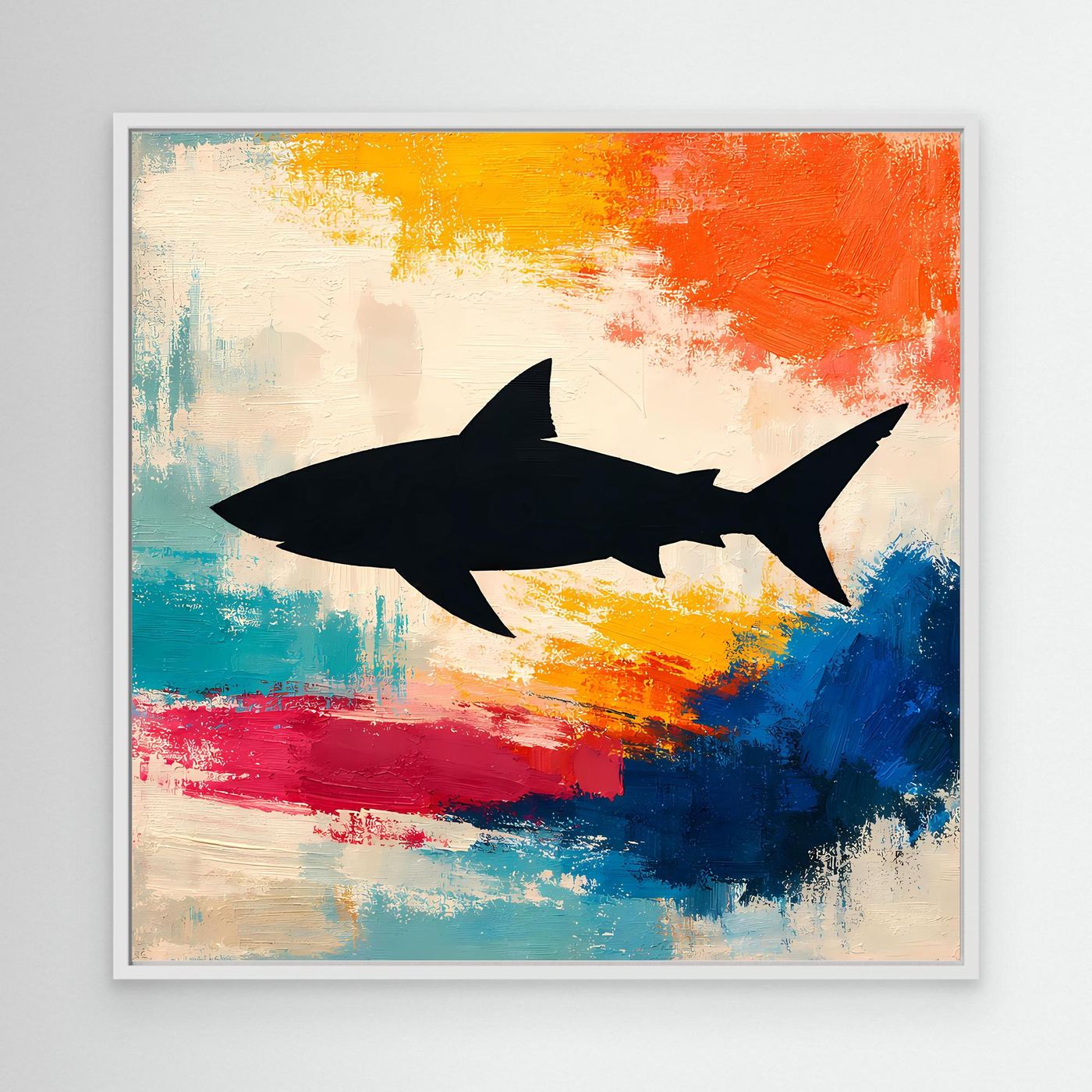 Leinwand Minimalistische Hai-Silhouette im Farbenmeer | Abstraktes Pop-Art Wandbild