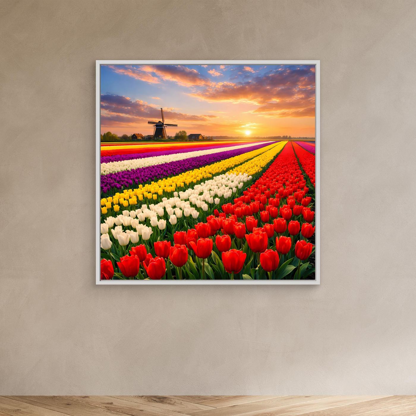 Leinwandbild mit Tulpenreihen in Lila, Gelb und Rot, weißer Rahmen