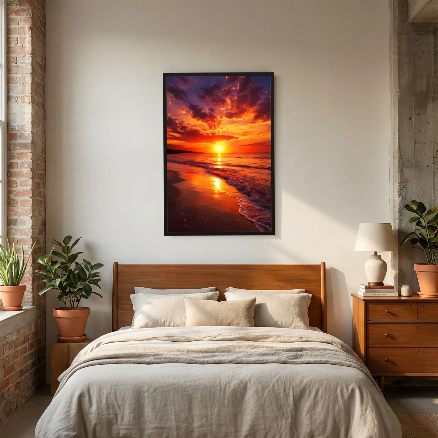 Hochformat-Poster Sonnenuntergang am Strand im dunklen Rahmen, goldenes Licht auf dem Meer