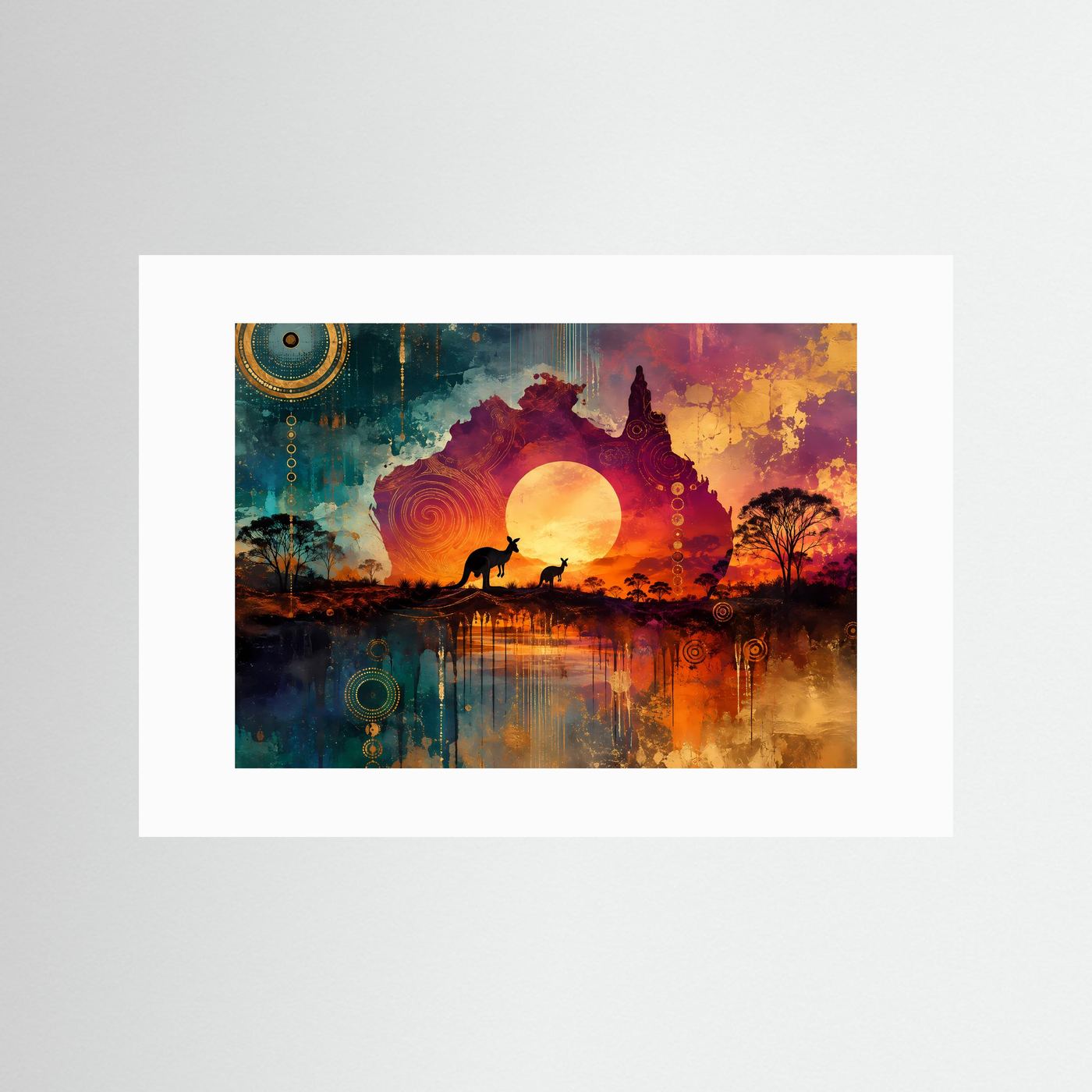 Australien Poster | Aborigines Kunst Wandbild | Känguru Silhouette bei Sonnenuntergang | Outback Landschaft | Moderne Fine Art