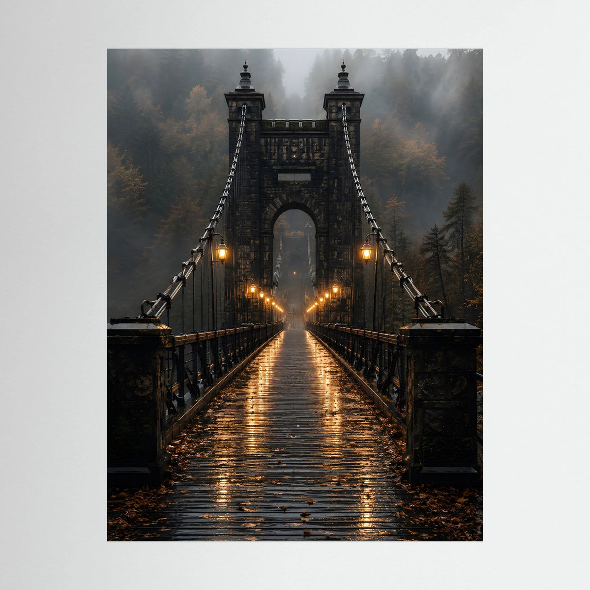 Nahansicht Poster mit Hängebrücke im Nebelwald, leuchtende Laternen am Wasserweg