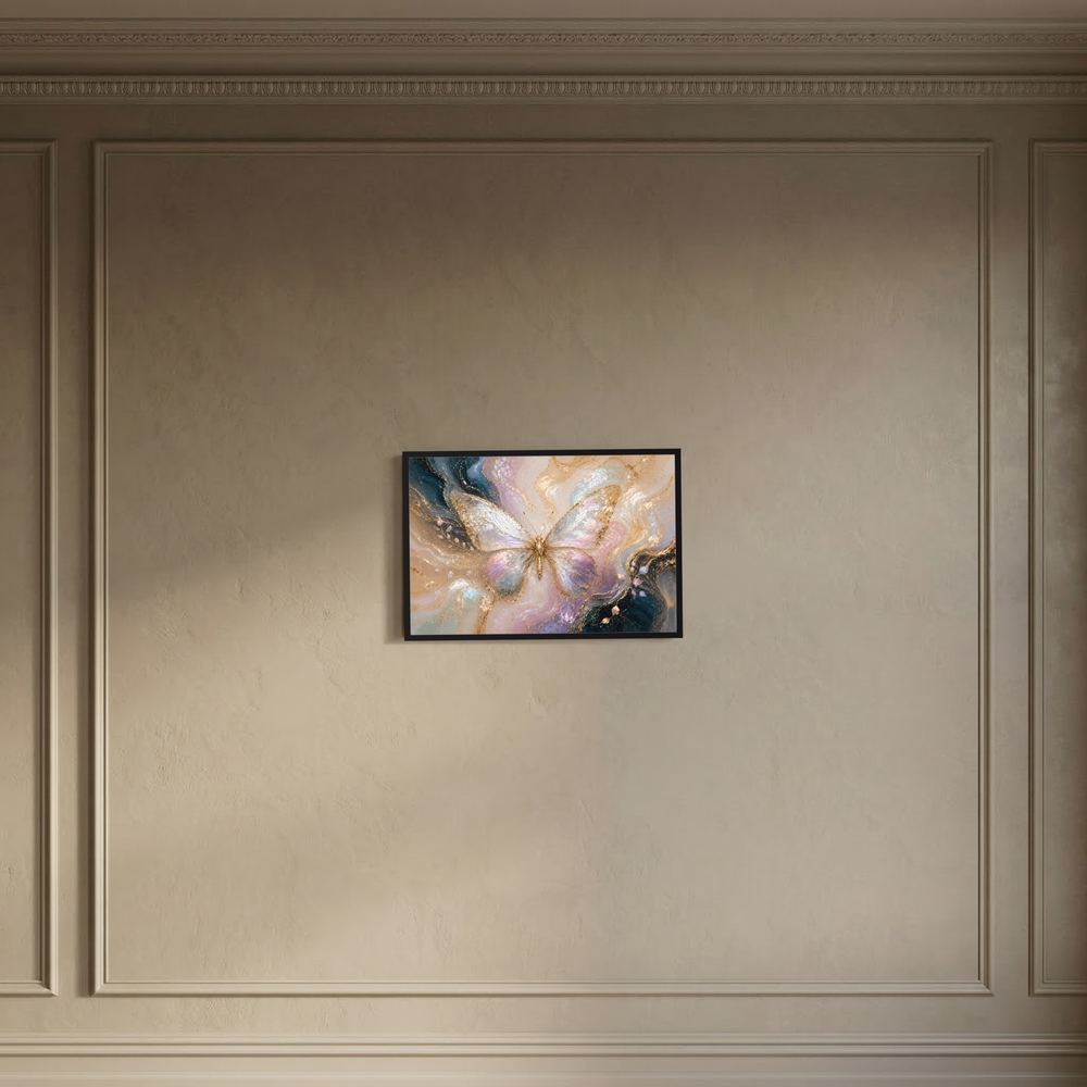 Wandbild im Querformat mit Schmetterling in Pastell und Gold, schwarzer Rahmen