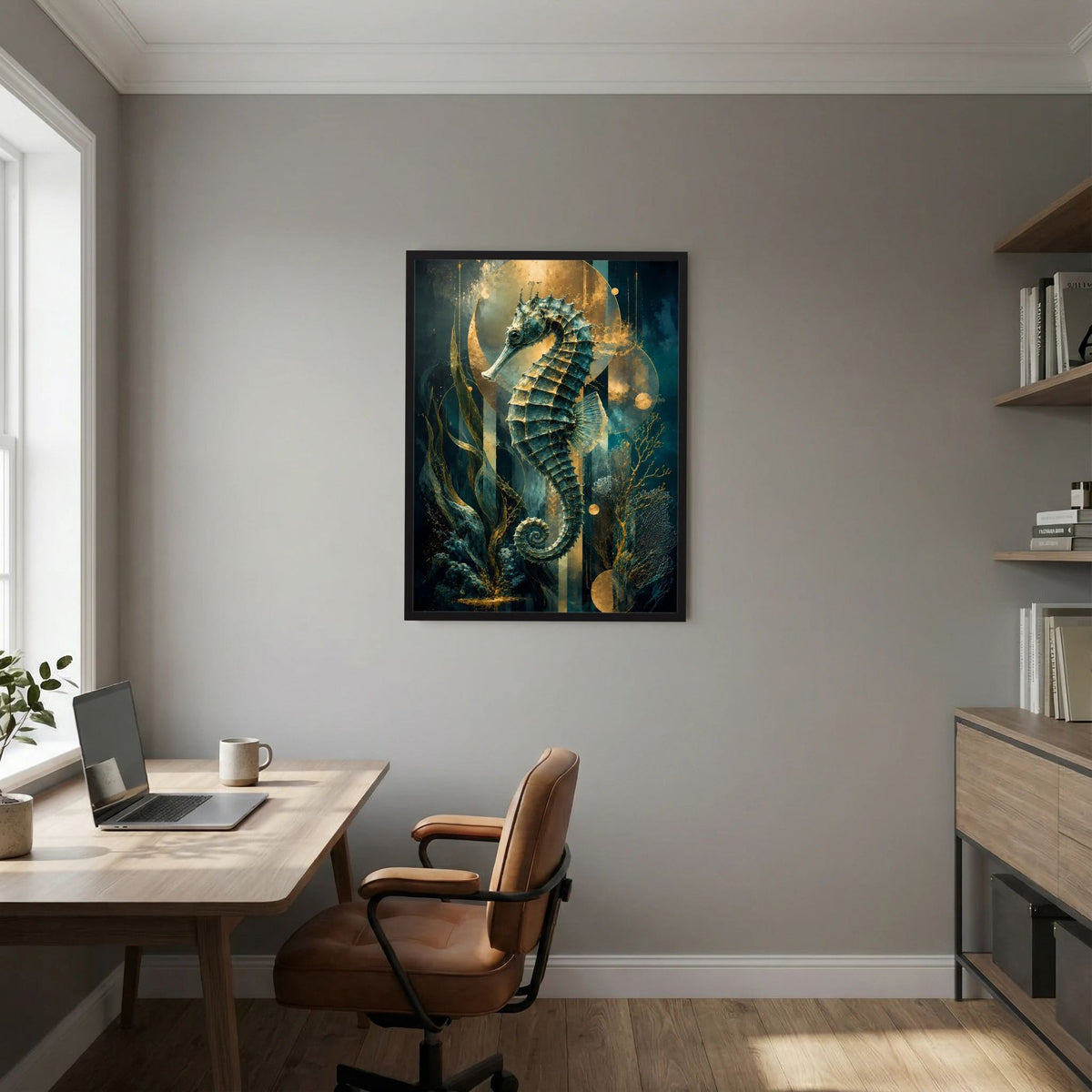 Gerahmtes Poster mit Seepferdchen-Motiv in Petrol und Gold, schwarze Einfassung an der Wand.
