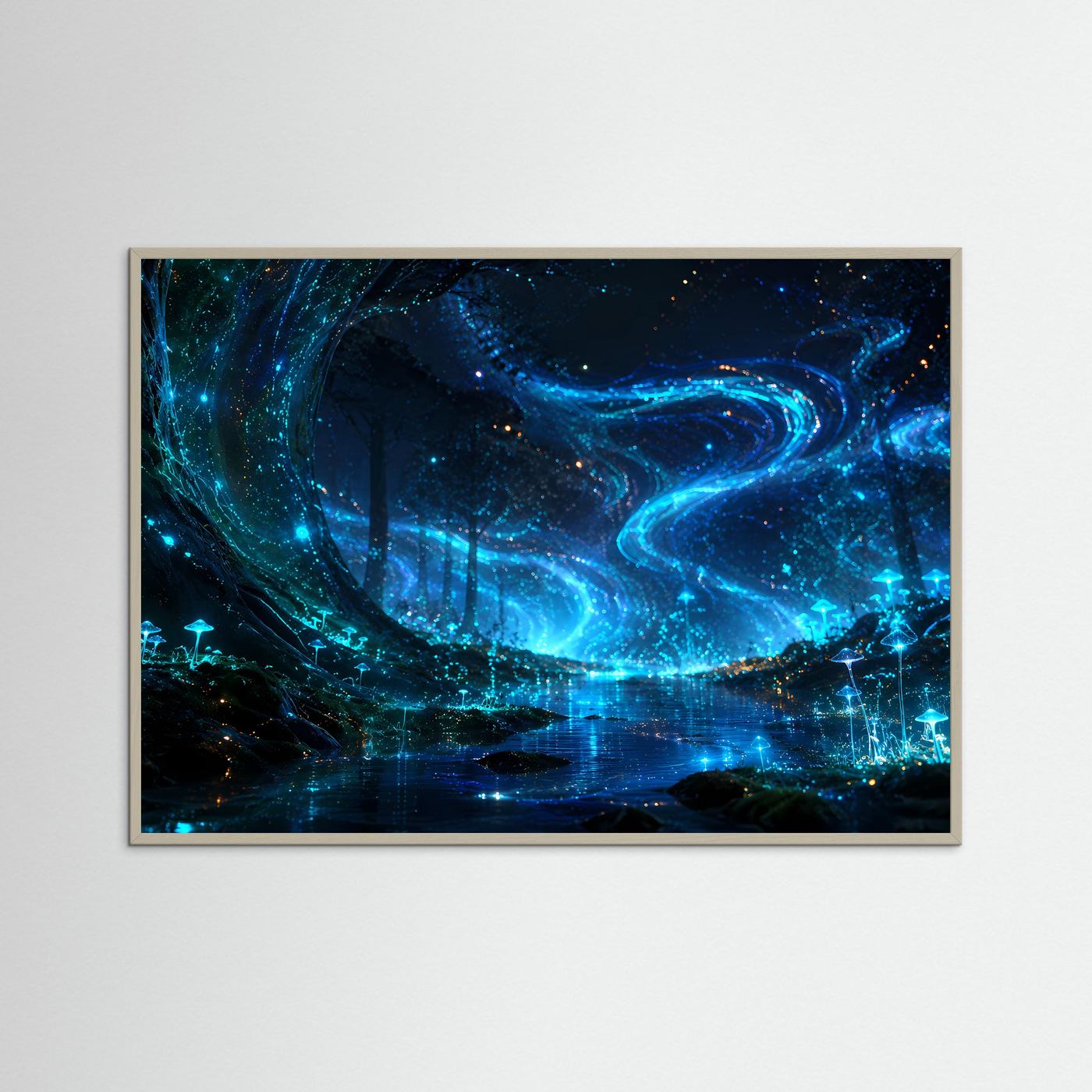 Biolumineszierender Wald Poster | Magischer Leuchtwald Wandbild | Fantasie Natur Landschaft | Mystischer Nachtwald | Premium Leinwand Wall Art