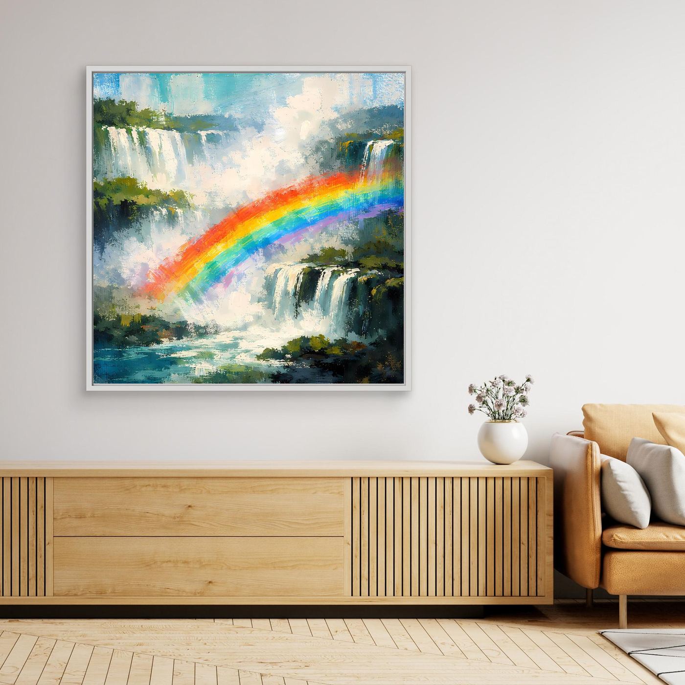 Leinwand-Wandbild mit abstrahierten Wasserfällen und Regenbogen, weiß gerahmt