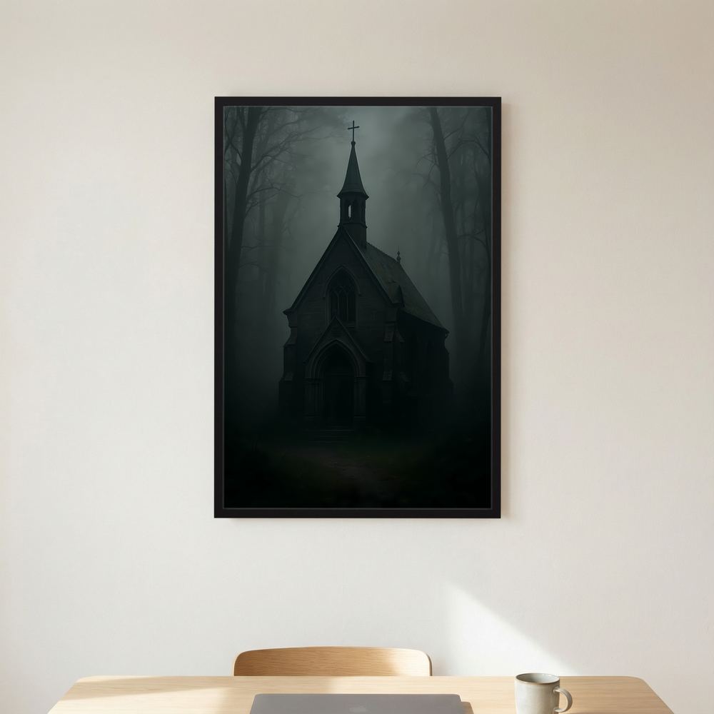 Gerahmtes Poster mit dunkler gotischer Kapelle im Nebel, schwarze Einfassung, Hochformat