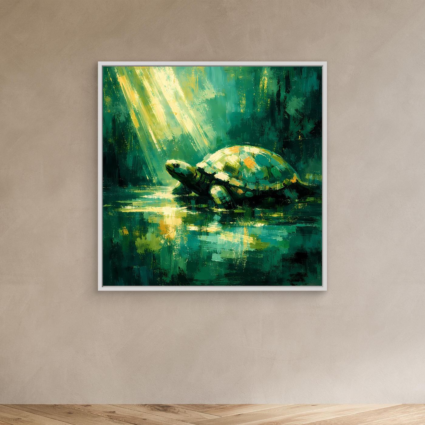 Leinwand Mystische Schildkröte im Lichtstrahl | Abstraktes Natur Wandbild Grün