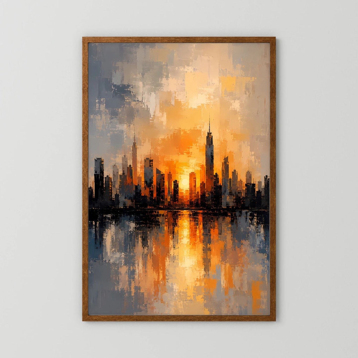 Poster mit abstrakter Skyline im Sonnenuntergang, orange-gold, brauner Holzrahmen, Reflexion