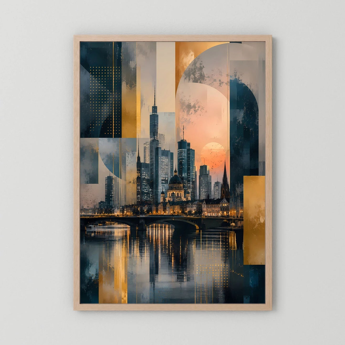 Poster (Hochformat) mit abstrakter Skyline am Fluss in Gold und Petrol, heller Holzrahmen