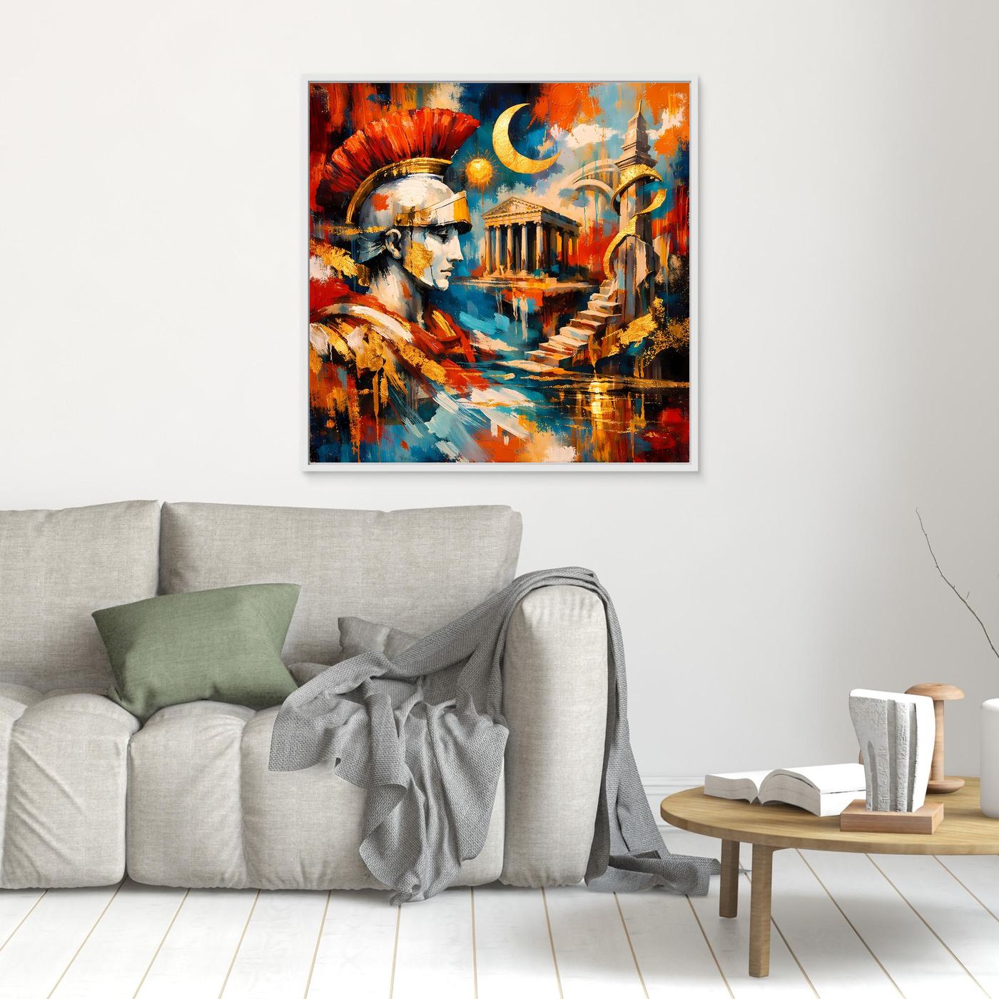 Quadratisches Leinwandbild mit römischem Zenturio, abstrakt mit roten und blauen Akzenten