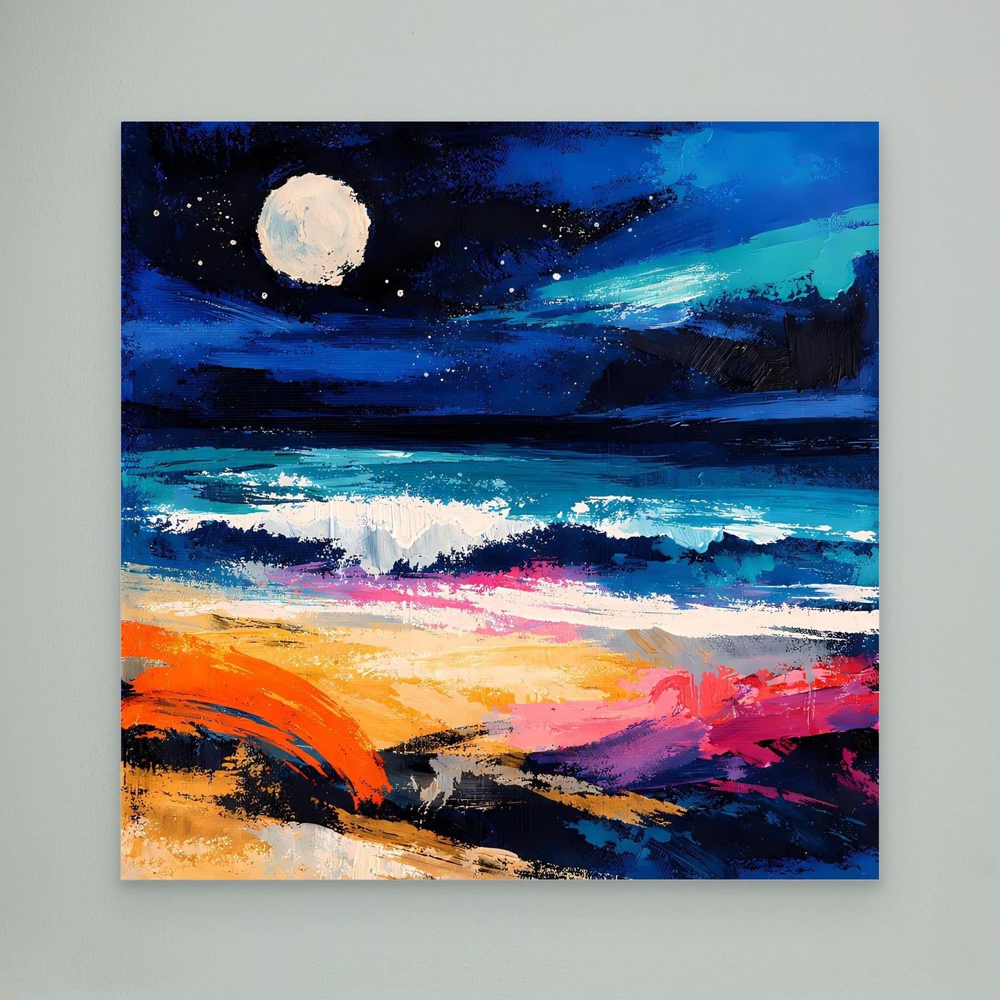 Abstraktes Leinwand-Wandbild mit hellem Vollmond und Meer in satten Blau-, Türkis- und Orangefarben