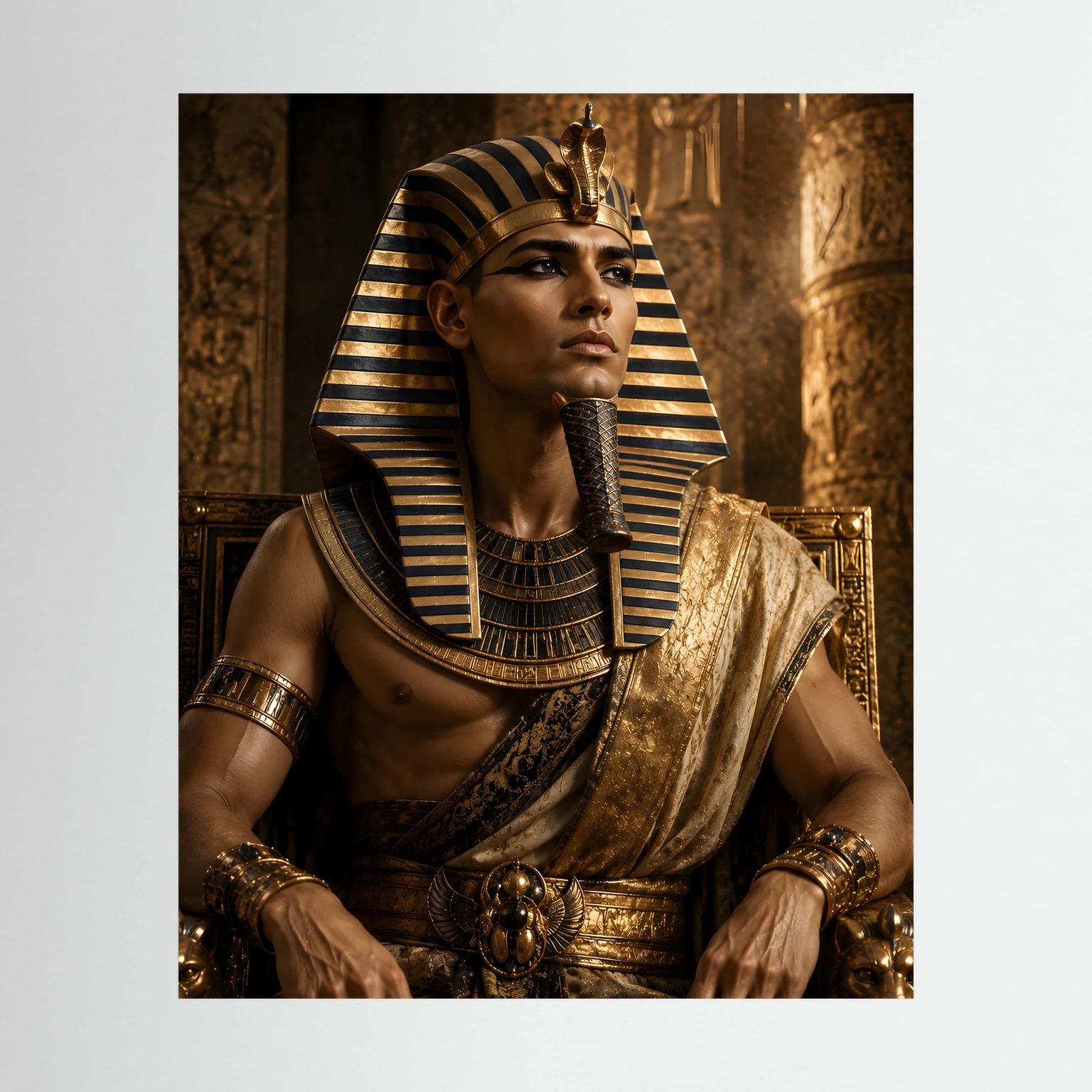 Ägyptisches Pharao-Wandposter: sitzender König mit goldenen Streifen und dunklem Gewand.