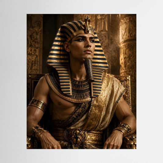 Ägyptisches Pharao-Wandposter: sitzender König mit goldenen Streifen und dunklem Gewand.