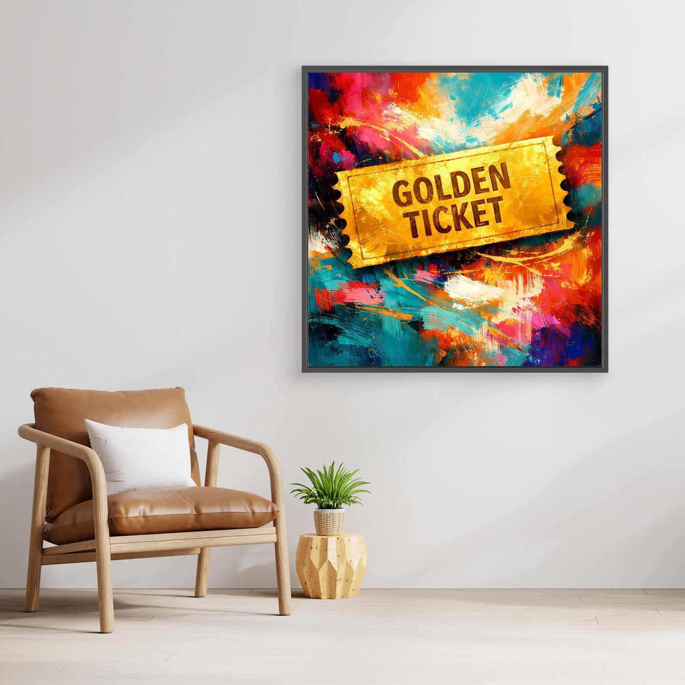 Abstraktes, gerahmtes Leinwandbild mit goldenem „Golden Ticket“-Schriftzug und bunten Sprenkeln
