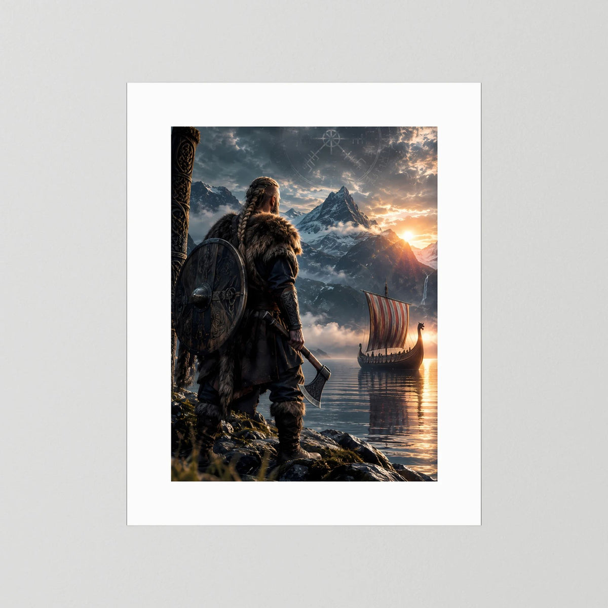 Fantasy-Poster Hochformat mit weißem Rand: Wikingerkrieger mit Schild und Wikingerschiff