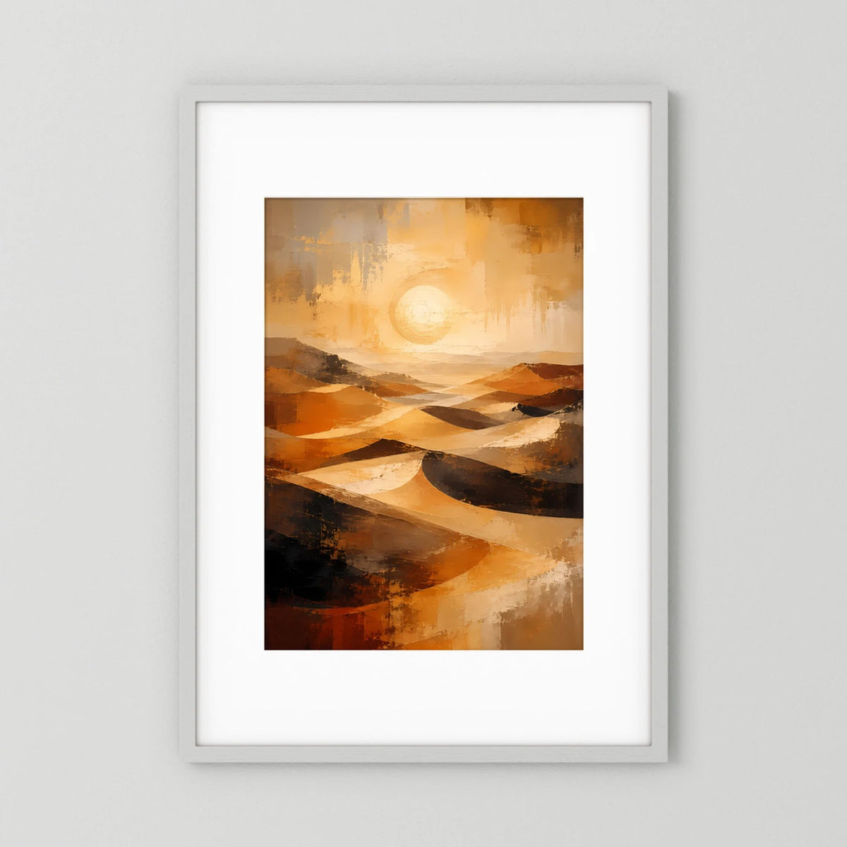 Hochformatiges Wandposter mit abstrakter Wüstenlandschaft in Gold und Orange, Dünen und Sonne