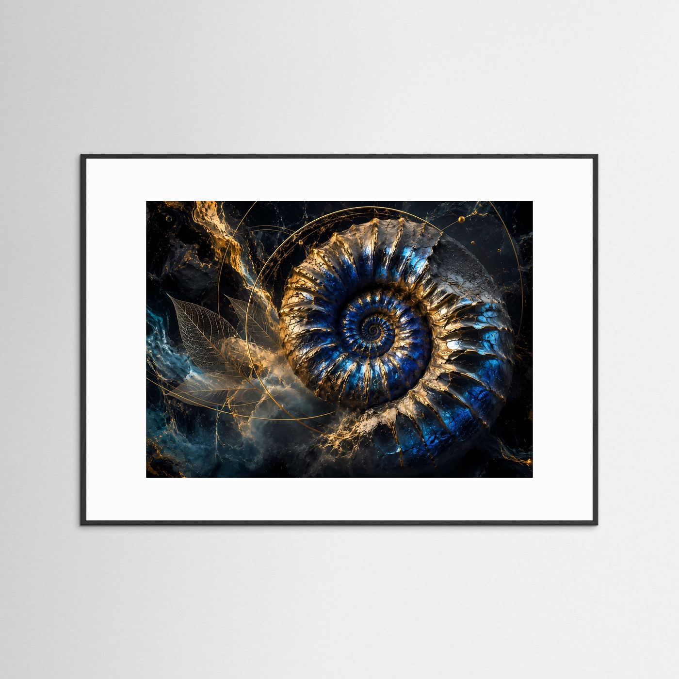 Goldener Ammonit in Tiefblau | Luxuriöse Fossil Kunst mit kosmischer Eleganz