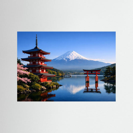 Japan-Poster mit Mount Fuji, Pagode und Torii im Querformat, blauer Rand