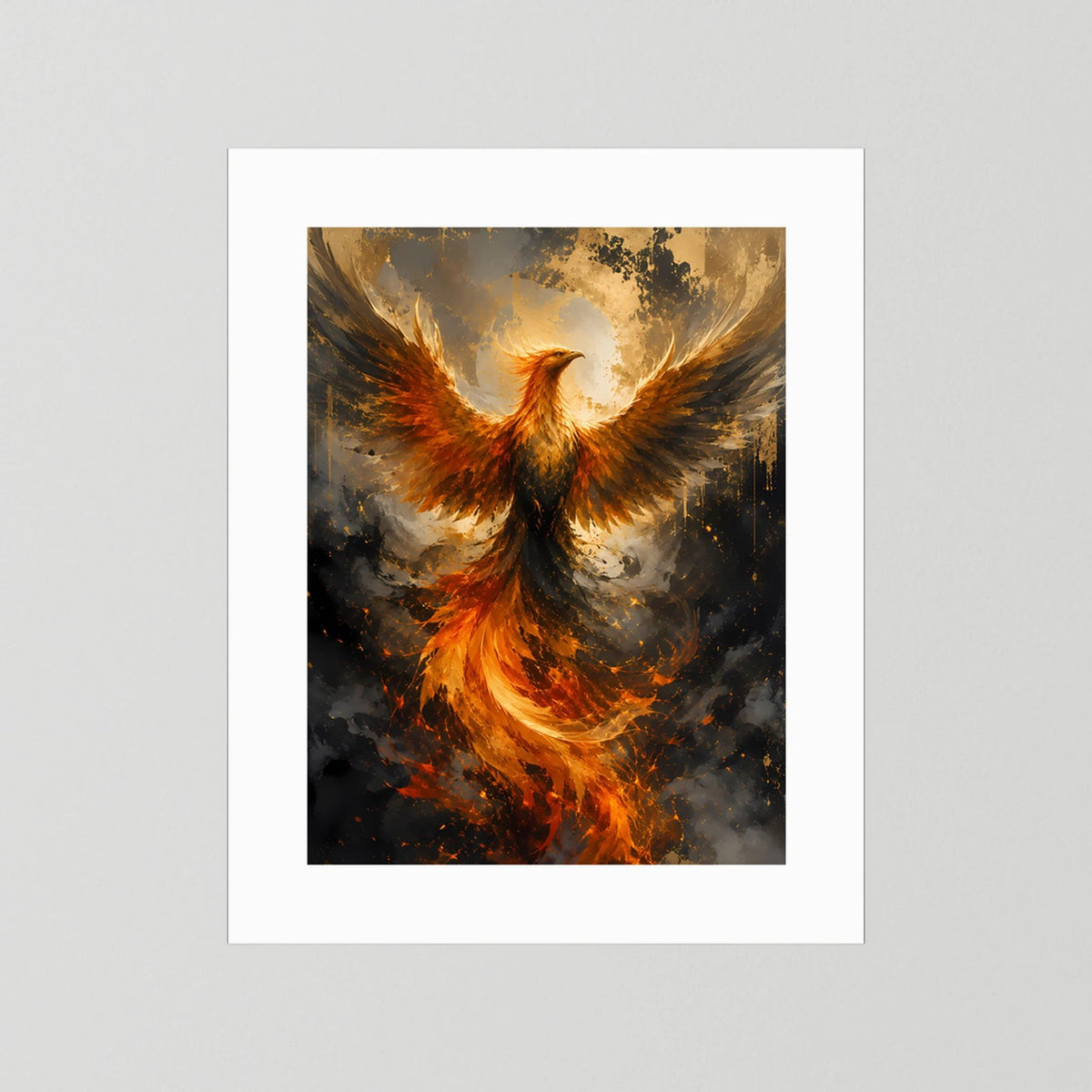 Poster mit weißem Rand: Phönix in gold-orange Flammen, goldener Lichtkreis