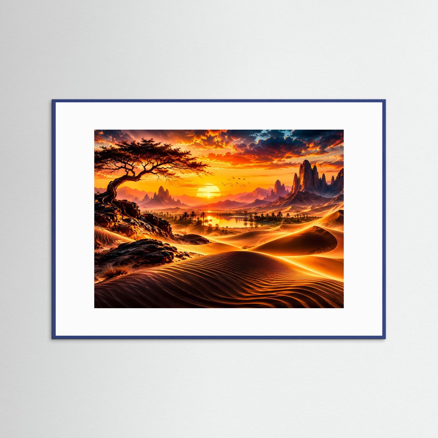 Goldene Wüste bei Sonnenuntergang | Oase & Dünen Landschaft Wandkunst