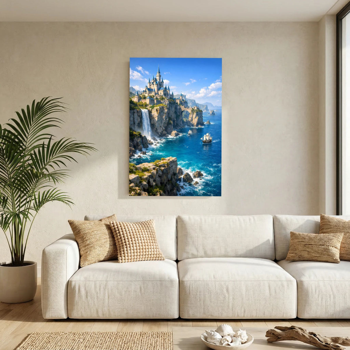 Hochkantiges Wandposter mit blauem Rand, Küstenschloss über türkisfarbenem Wasser