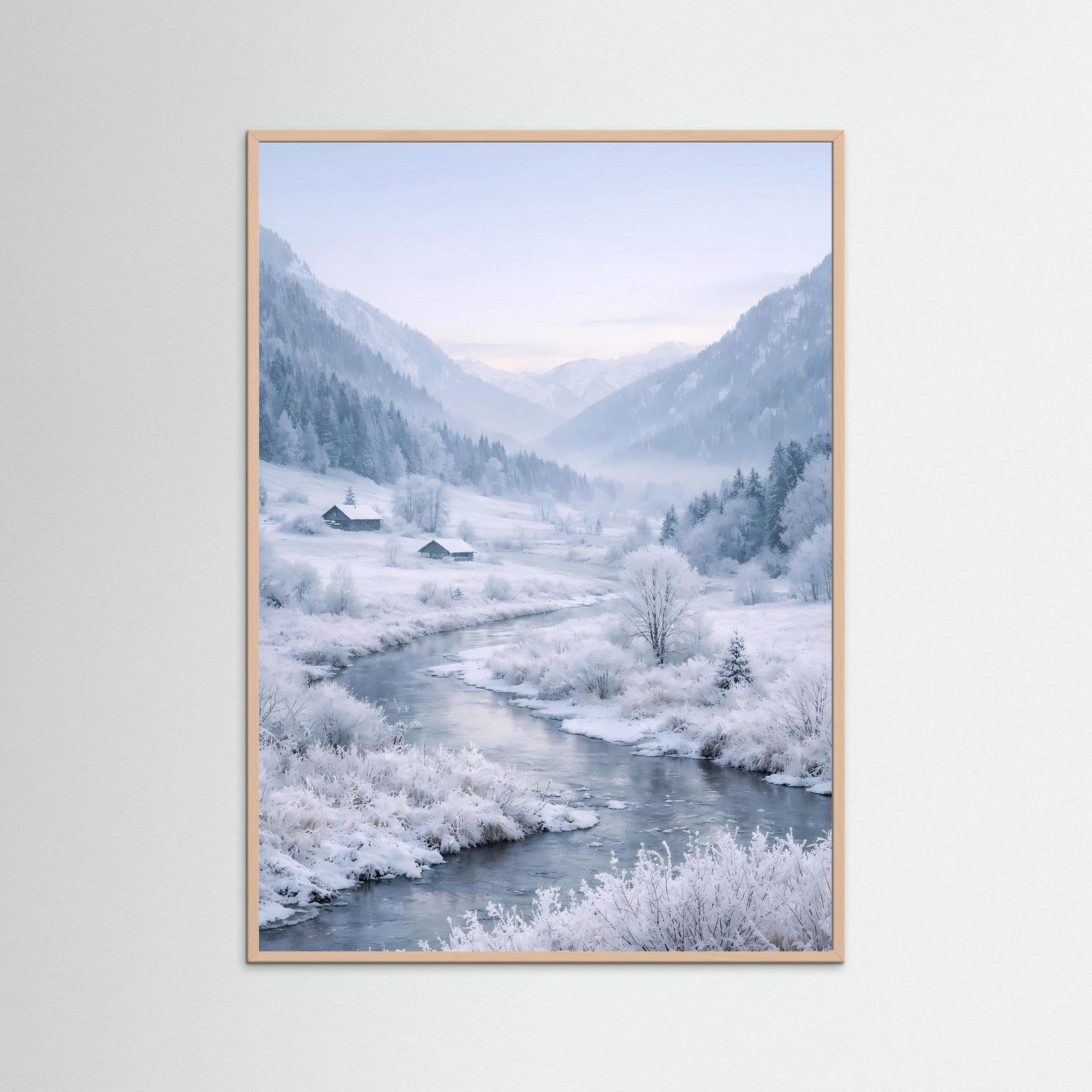 Wandposter Winterlandschaft mit Fluss, verschneiten Bäumen, Häusern und hellem Holzrahmen