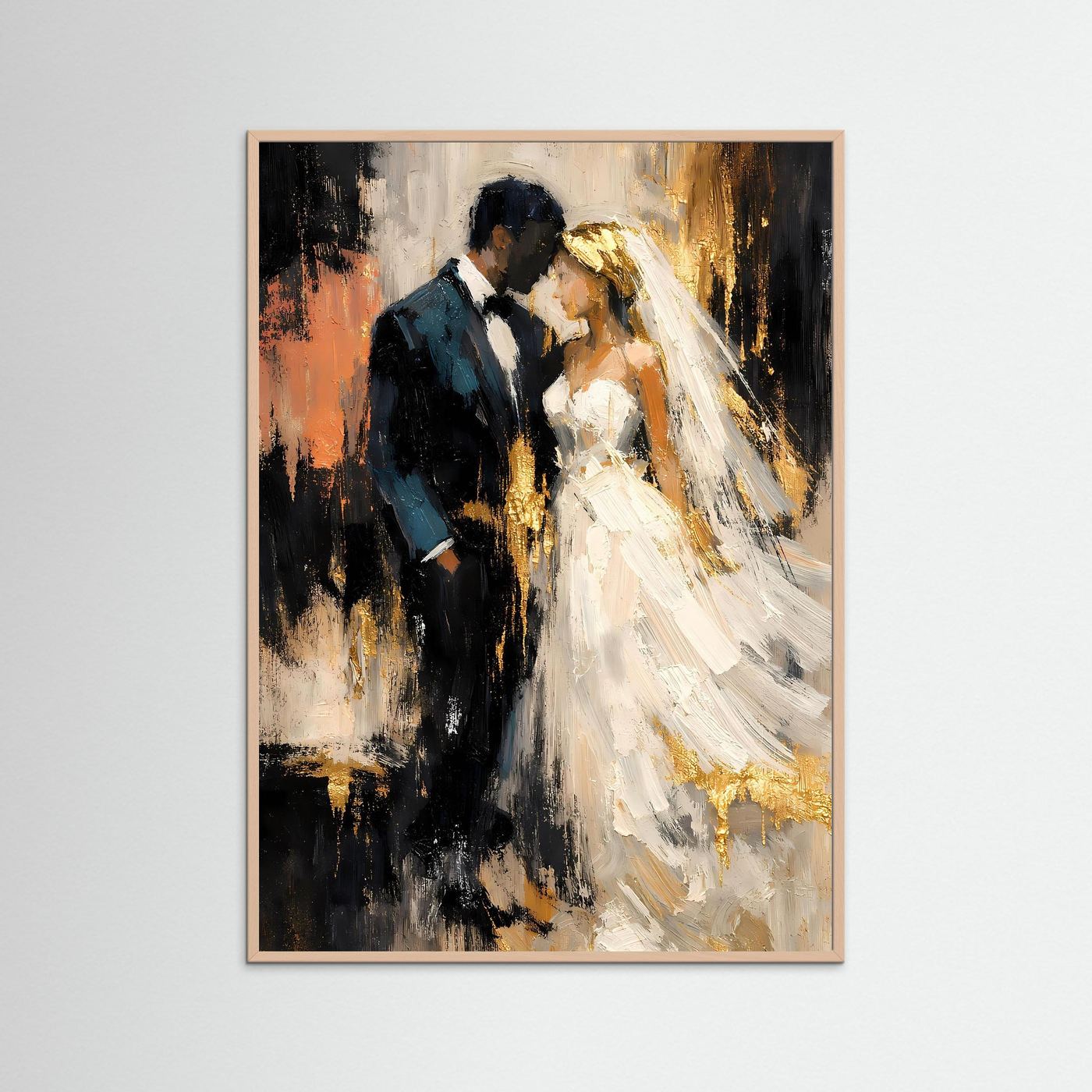 Hochzeits-Poster im rosafarbenen Holzrahmen mit Paar-Illustration, Braut im weißen Kleid