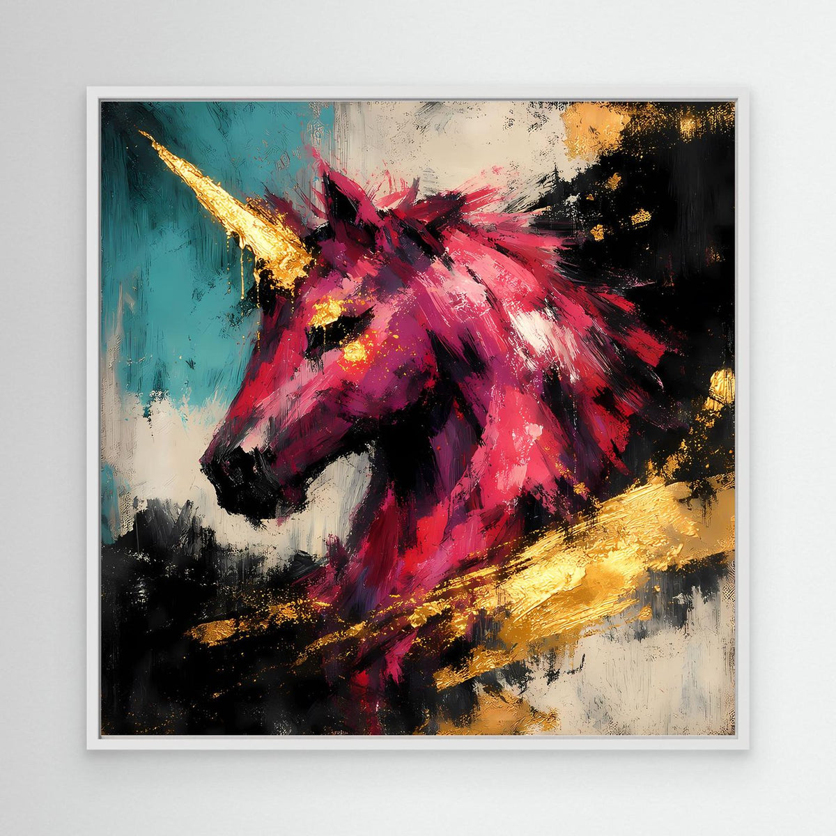 Leinwand-Einhornbild mit pinkem Motiv und goldenen Akzenten, türkis-schwarz, weiß gerahmt